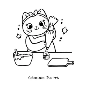Desenho para colorir de gata cozinheira animada kawaii decorando cupcakes na cozinha