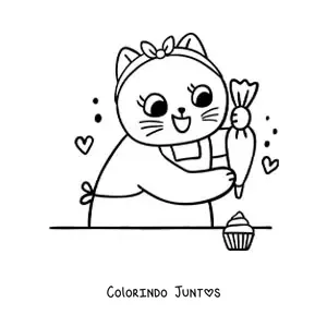 Desenho para colorir de gata cozinheira kawaii decorando cupcakes