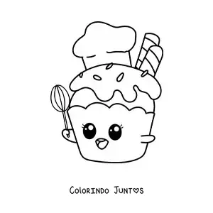 Desenho para colorir de chef cupcake kawaii animado com uma batedeira