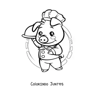 Desenho para colorir de chef porco kawaii animado com um prato em uma bandeja
