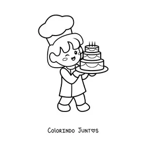 Desenho para colorir de chef confeiteira kawaii levando um bolo
