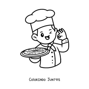 Desenho para colorir de chef pizzaiolo kawaii com uma pizza