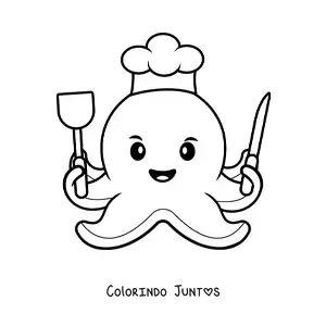 Desenho para colorir de chef polvo kawaii com utensílios de cozinha