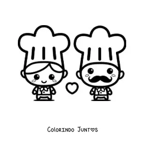 Desenho para colorir de casal de cozinheiros kawaii fofos