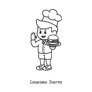 Desenho para colorir de cozinheiro kawaii com um hambúrguer