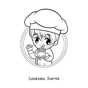 Desenho para colorir de menino cozinheiro kawaii comendo batatas fritas