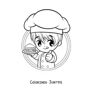 Desenho para colorir de menino cozinheiro kawaii com um sanduíche
