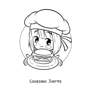 Desenho para colorir de menina cozinheira kawaii com um hambúrguer