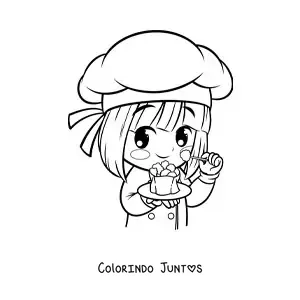 Desenho para colorir de menina cozinheira kawaii com um prato de comida