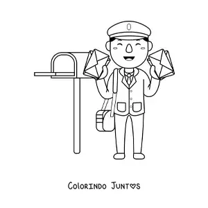 Desenho para colorir de carteiro kawaii com cartas ao lado da caixa de correio
