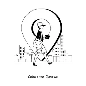 Desenho para colorir de carteiro caminhando na cidade