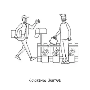 Desenho para colorir de carteiro entregando a correspondência na caixa de correio