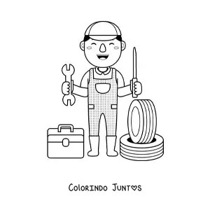 Desenho para colorir de mecânico automotivo com rodas e ferramentas