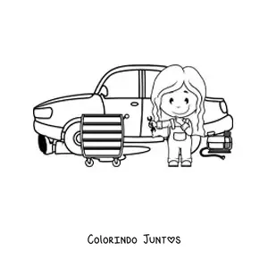 Desenho para colorir de menina mecânica animada consertando um carro