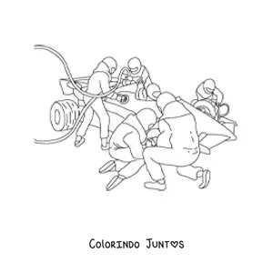 Desenho para colorir de mecânicos trabalhando nos boxes