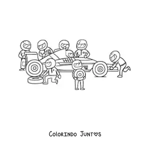 Desenho para colorir de mecânicos consertando um carro de fórmula um