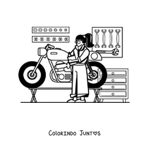 Desenho para colorir de mulher com a profissão de mecânica em sua oficina com uma moto