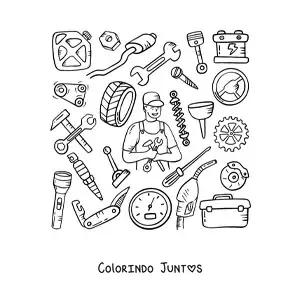 Desenho para colorir de homem com a profissão de mecânico e suas ferramentas