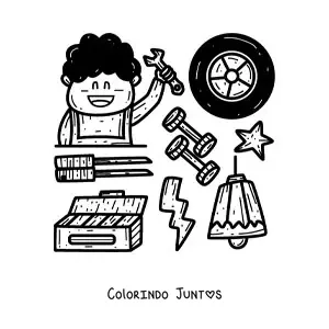 Desenho para colorir de mecânico automotivo animado com suas ferramentas