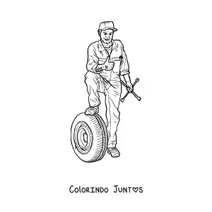 Desenho para colorir de mecânico automotivo realista com uma roda