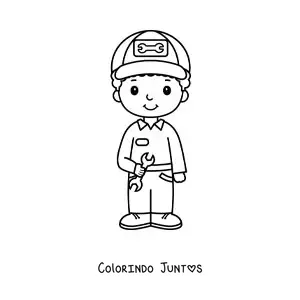 Desenho para colorir de menino com a profissão de mecânico automotivo kawaii