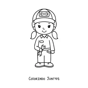 Desenho para colorir de menina com a profissão de mecânica automotiva kawaii