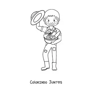 Desenho para colorir de agricultor kawaii com frutos colhidos