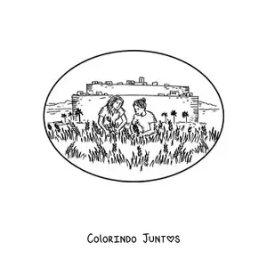 Desenho para colorir de mulheres colhendo frutos em uma fazenda