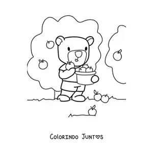 Desenho para colorir de urso animado colhendo maçãs em uma fazenda