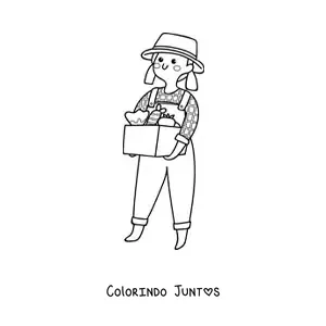 Desenho para colorir de agricultora kawaii com frutos colhidos