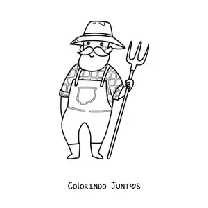 Desenho para colorir de fazendeiro camponês animado com um forcado