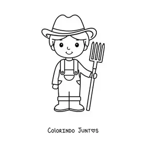 Desenho para colorir de menino agricultor kawaii animado com um forcado
