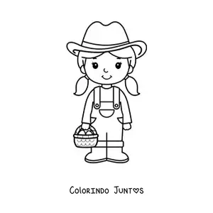 Desenho para colorir de menina agricultora kawaii animada com um forcado