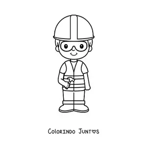 Desenho para colorir de menino pedreiro kawaii com capacete e um martelo