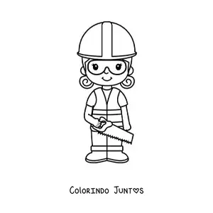 Desenho para colorir de menina pedreira kawaii com capacete e um serrote