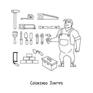 Desenho para colorir de pedreiro com suas ferramentas de construcao