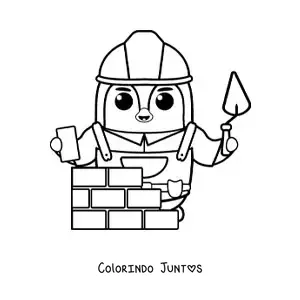 Desenho para colorir de pinguim pedreiro construindo uma parede com tijolos e cimento