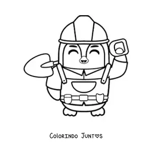 Desenho para colorir de pinguim pedreiro animado kawaii com uma pa