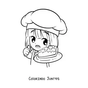 Desenho para colorir de chef confeiteira kawaii animada com um pedaco de bolo