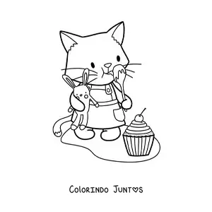 Desenho para colorir de gatinho confeiteiro animado kawaii com um cupcake