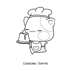 Desenho para colorir de gatinho confeiteiro animado kawaii com uma sobremesa