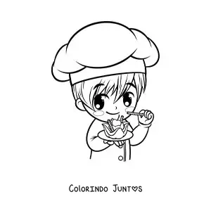 Desenho para colorir de chef confeiteiro kawaii animado com uma sobremesa