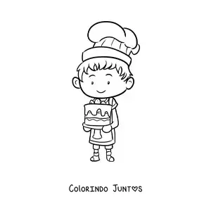 Desenho para colorir de menino confeiteiro kawaii animado com um bolo