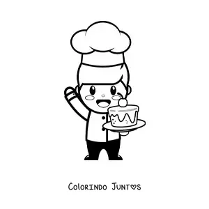 Desenho para colorir de chef confeiteiro kawaii facil com um bolo