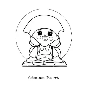 Desenho para colorir de menina com profissao de confeiteira com uma bandeja de bolos