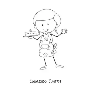Desenho para colorir de menina com profissao de confeiteira com um bolo