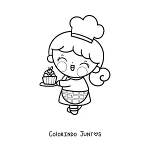 Desenho para colorir de menina confeiteira kawaii com um cupcake