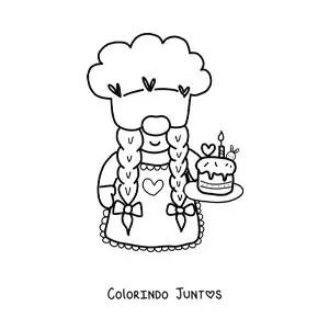 Desenho para colorir de gnomo confeiteiro kawaii com um bolo de aniversario