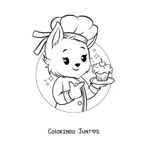 Desenho para colorir de cachorro confeiteiro animado kawaii com um cupcake