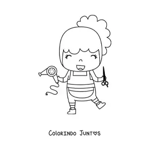 Desenho para colorir de cabeleireira estilista kawaii com um secador e uma tesoura